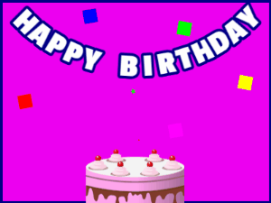 Happy Birthday GIF:A pink cake on purple with blue border & falling squares