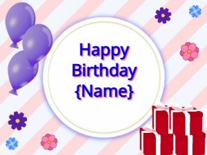 Happy Birthday GIF:purple Balloons, red gift boxes, blue text