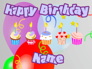 Happy Birthday GIF:Cupcakes for Birthday,balloon wrap background,light blue & purple text