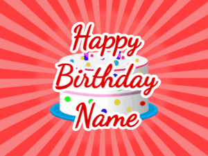 Happy Birthday GIF:red sunburst,candy cake, red text