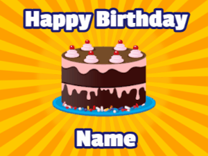 Happy Birthday GIF:Sunburst and birthday cake message