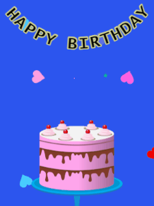 Happy Birthday GIF:Birthday GIF,pink cake,blue background,stars & hearts