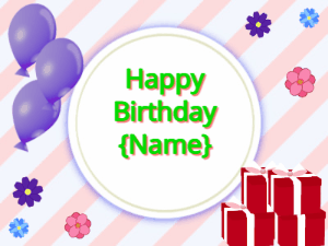 Happy Birthday GIF:purple Balloons, red gift boxes, green text