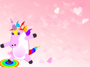 Happy Birthday GIF:Dabbing Unicorn:pink hearts background,blue flowers,cream cake