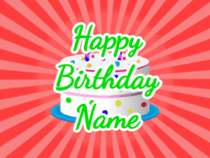 Happy Birthday GIF:red sunburst,candy cake, green text