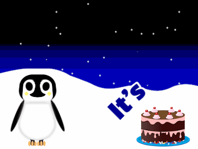 Happy Birthday, birthday-15730 @ Editable GIFs,Penguin: fruity cake,pink text,% 3 fireworks