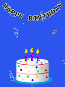 Happy Birthday GIF:Birthday GIF,candy cake,blue background,hearts & confetti