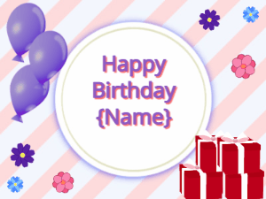Happy Birthday GIF:purple Balloons, red gift boxes, purple text
