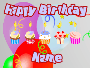 Happy Birthday GIF:Cupcakes for Birthday,balloon wrap background,light blue & red text