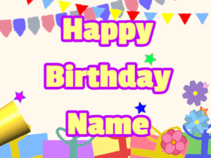 Happy Birthday GIF:Horn, noodles, party, block, yellow, purple
