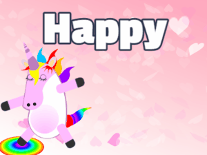 Happy Birthday GIF:Dabbing Unicorn:pink hearts background,blue flowers,chocolate cake