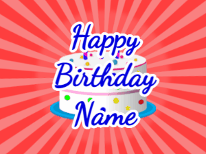 Happy Birthday GIF:red sunburst,candy cake, blue text