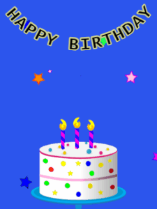 Happy Birthday GIF:Birthday GIF,candy cake,blue background,hearts & stars