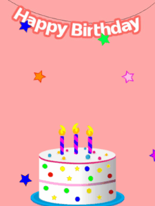Happy Birthday GIF:Pink birthday GIF with a candy cake and hearts