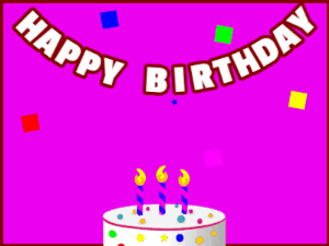 Happy Birthday GIF:A candy cake on purple with red border & falling hearts