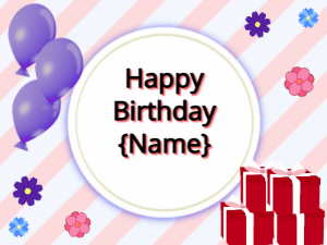 Happy Birthday GIF:purple Balloons, red gift boxes, black text