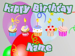 Happy Birthday GIF:Cupcakes for Birthday,balloon wrap background,light blue & green text