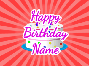 Happy Birthday GIF:red sunburst,candy cake, purple text