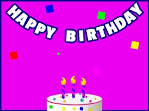 Happy Birthday GIF:A candy cake on purple with blue border & falling stars