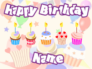Happy Birthday GIF:Cupcakes for Birthday,party background,white & purple text