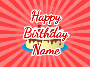 Happy Birthday GIF:red sunburst,cream cake, red text