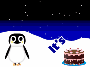 Happy Birthday GIF:Penguin: fruity cake,blue text,% 3 fireworks