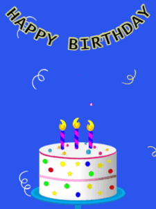 Happy Birthday GIF:Birthday GIF,candy cake,blue background,stars & confetti