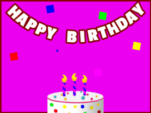 Happy Birthday GIF:A candy cake on purple with red border & falling stars