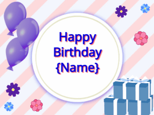 Happy Birthday GIF:purple Balloons, blue gift boxes, blue text