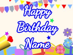 Happy Birthday GIF:Horn, hearts, party, cursive, white, blue