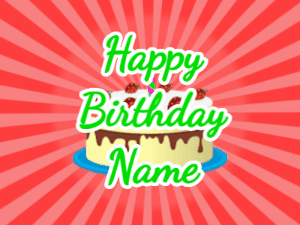 Happy Birthday GIF:red sunburst,cream cake, green text