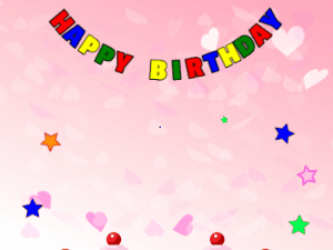 Happy Birthday GIF:pink Cake, flying stars on a pink background