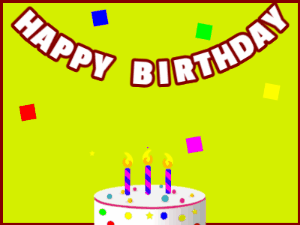 Happy Birthday GIF:A candy cake on green with red border & falling hearts