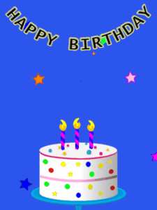 Happy Birthday GIF:Birthday GIF,candy cake,blue background,stars & stars