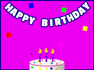 Happy Birthday GIF:A candy cake on purple with blue border & falling squares