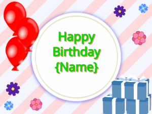 Happy Birthday GIF:red Balloons, blue gift boxes, green text