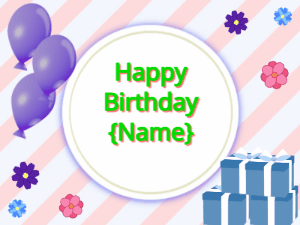 Happy Birthday GIF:purple Balloons, blue gift boxes, green text