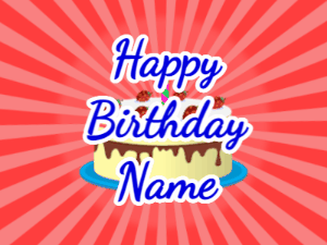 Happy Birthday GIF:red sunburst,cream cake, blue text