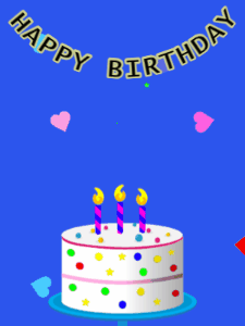 Happy Birthday GIF:Birthday GIF,candy cake,blue background,stars & hearts