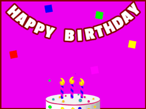 Happy Birthday GIF:A candy cake on purple with red border & falling squares