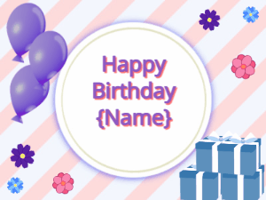 Happy Birthday GIF:purple Balloons, blue gift boxes, purple text