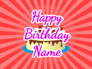 Happy Birthday GIF:red sunburst,cream cake, purple text