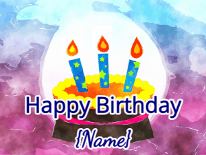 Happy Birthday GIF:Three Candles flickering watercolor birthday cake