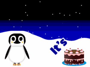 Happy Birthday GIF:Penguin: fruity cake,green text,% 3 fireworks