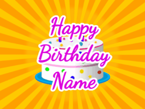 Happy Birthday GIF:yellow sunburst,candy cake, purple text