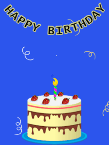 Happy Birthday GIF:Birthday GIF,cream cake,blue background,hearts & confetti