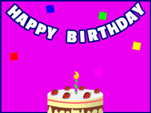 Happy Birthday GIF:A cream cake on purple with blue border & falling hearts