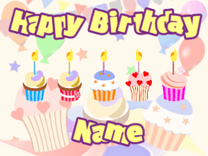 Happy Birthday GIF:Cupcakes for Birthday,party background,beige & purple text