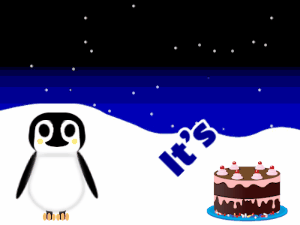 Happy Birthday GIF:Penguin: fruity cake,green text,% 3 fireworks