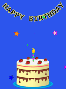Happy Birthday GIF:Birthday GIF,cream cake,blue background,hearts & stars